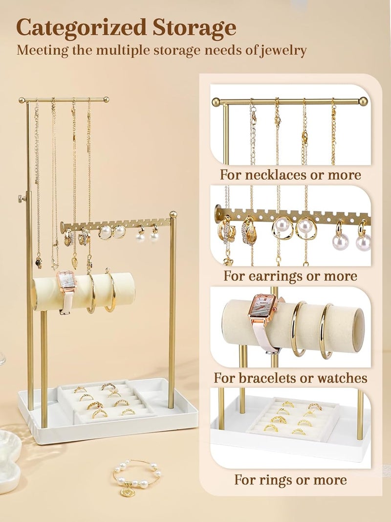 Jenseits Jewelry Organizer Stand with Ring Holder - 3-Tier Gold Jewelry Holder Tower with Velvet Tray, Necklace Holder, Bracelet & Earring Display Stand for Women, Gift for Her - Image 5